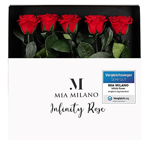5 Infinity Rosen rot am Stiel (3 Jahre haltbar) in Geschenkbox I Valentinstag Deko Geschenk I Fünf konservierte Blumen mit Rosenduft I Inkl. Geschenkkarte von Mia Milano