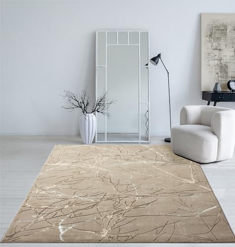 Mia's Teppiche Cielo Moderner Dichter Kurzflor Teppich, Wohnzimmer, Schlafzimmer, Eleganter Glanz, Glanzfaser, Hoch-Tief Effekt, Feder, Beige, 200 x 290 cm von Mias Teppiche