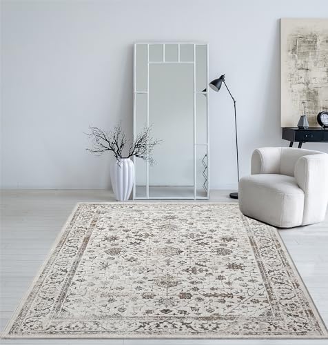 Beige Mia's Teppiche Cielo Moderner Dichter Kurzflor Teppich, Wohnzimmer, Schlafzimmer, Eleganter Glanz, Glanzfaser, Hoch-Tief Effekt, Feder, Creme, 120 x 170 cm von Mias Teppiche