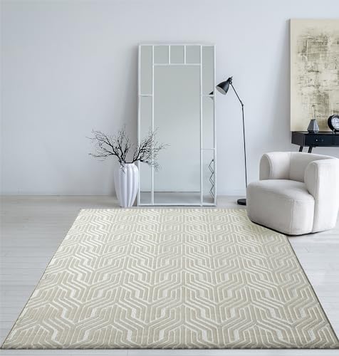 Mia's Teppiche Cielo Moderner Dichter Kurzflor Teppich, Wohnzimmer, Schlafzimmer, Eleganter Glanz, Glanzfaser, Hoch-Tief Effekt, Feder, Creme, 140 x 200 cm von Mias Teppiche