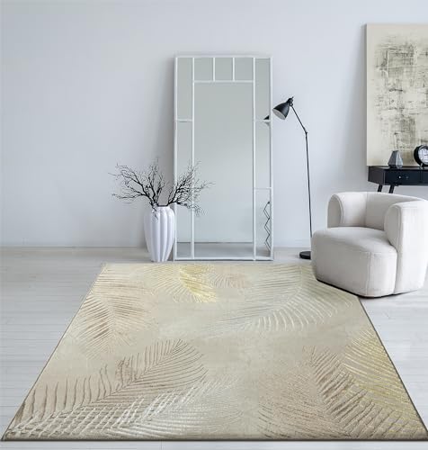 Mia's Teppiche Cielo Moderner Dichter Kurzflor Teppich, Wohnzimmer, Schlafzimmer, Eleganter Glanz, Glanzfaser, Hoch-Tief Effekt, Feder, Creme, 140 x 200 cm von Mias Teppiche