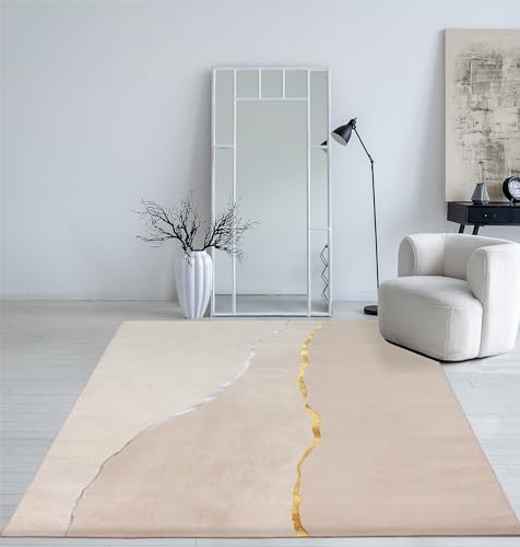 Mia's Teppiche Cielo Moderner Dichter Kurzflor Teppich, Wohnzimmer, Schlafzimmer, Eleganter Glanz, Glanzfaser, Hoch-Tief Effekt, Feder, Creme, 160 x 230 cm von Mias Teppiche