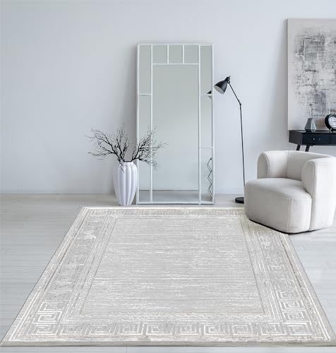 Mia's Teppiche Cielo Moderner Dichter Kurzflor Teppich, Wohnzimmer, Schlafzimmer, Eleganter Glanz, Glanzfaser, Hoch-Tief Effekt, Feder, Grau, 120 x 170 cm von Mias Teppiche