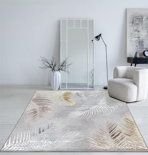 Mia's Teppiche Cielo Moderner Dichter Kurzflor Teppich, Wohnzimmer, Schlafzimmer, Eleganter Glanz, Glanzfaser, Hoch-Tief Effekt, Feder, Grau, 120 x 170 cm von Mias Teppiche