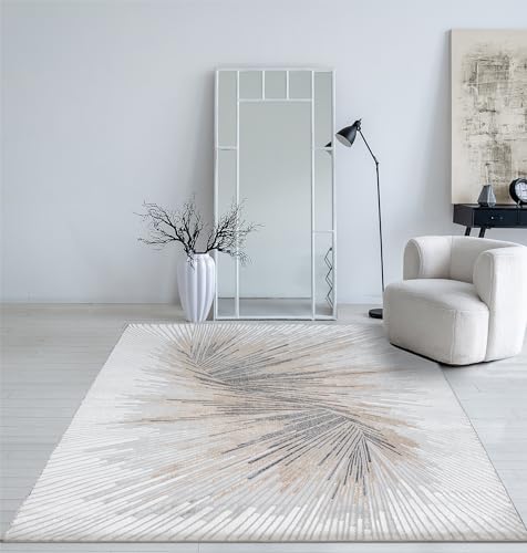 Mia's Teppiche Cielo Moderner Dichter Kurzflor Teppich, Wohnzimmer, Schlafzimmer, Eleganter Glanz, Glanzfaser, Hoch-Tief Effekt, Feder, Grau, 140 x 200 cm von Mias Teppiche