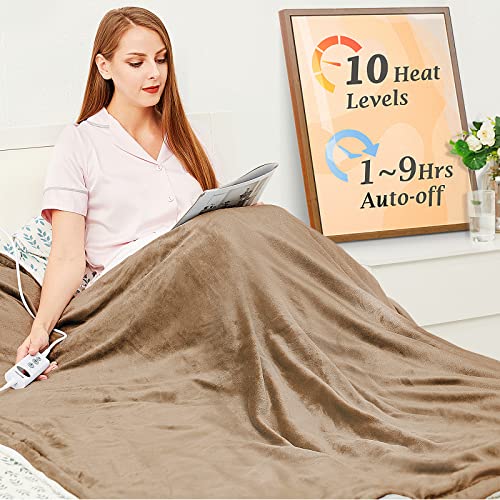 Mia&Coco Heizdecke mit Abschaltautomatik, 130x180cm, 10 Heizstufen Up-to-9 Stunden Auto-Off-Timer Überhitzungsschutz, Elektrische Wärmedecke Waschbar, Khaki von Mia&Coco
