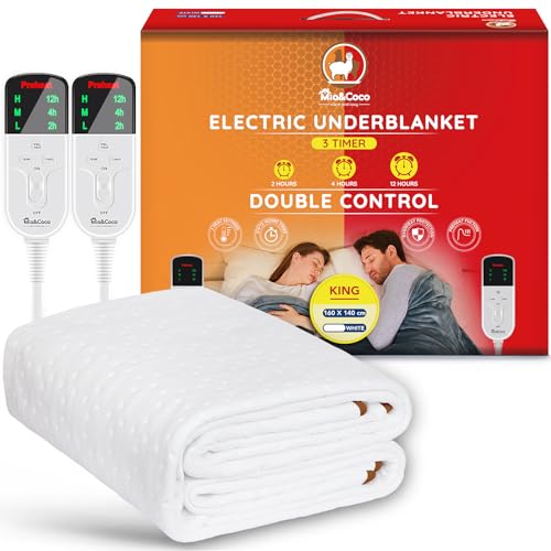 Wärmeunterbett mit Abschaltautomatik und PreHeat, 160x140cm Dual-Controller Wärmedecke 3 Temperaturstufen Up-to-12 Stunden Timer Überhitzungsschutz, Wärmematte fürs Bett Elektrische Heizdecke, Weiß von Mia&Coco