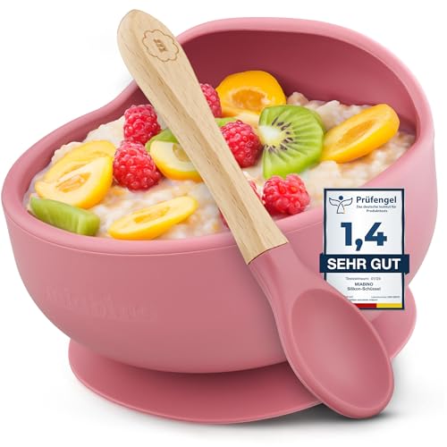 MiaBino Silicone Bowl Spoon Set mit Rutschfestem Saugnapf und Löffel, Kinderschüssel Baby Breischale, BPA-frei, Spülmaschinen- und Mikrowellenfest, Sicher & Hochwertig (Dusty Pink) von MiaBino