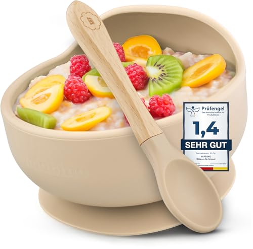 MiaBino Silicone Bowl Spoon Set mit Rutschfestem Saugnapf und Löffel, Kinderschüssel Baby Breischale, BPA-frei, Spülmaschinen- und Mikrowellenfest, Sicher & Hochwertig (Ivory) von MiaBino