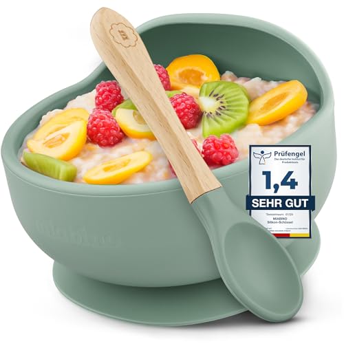 MiaBino Silicone Bowl Spoon Set mit Rutschfestem Saugnapf und Löffel, Kinderschüssel Baby Breischale, BPA-frei, Spülmaschinen- und Mikrowellenfest, Sicher & Hochwertig (Sage) von MiaBino