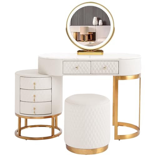 MiaJJooLi Kunstleder Schminktisch Set mit LED Spiegel,Mädchen ‌Kosmetiktisch Schminkkommode Frisiertisch mit Hocker & 5 Schubladen, Beleuchteter Dressing Table für kleines Zimmer,Weiß 80cm von MiaJJooLi