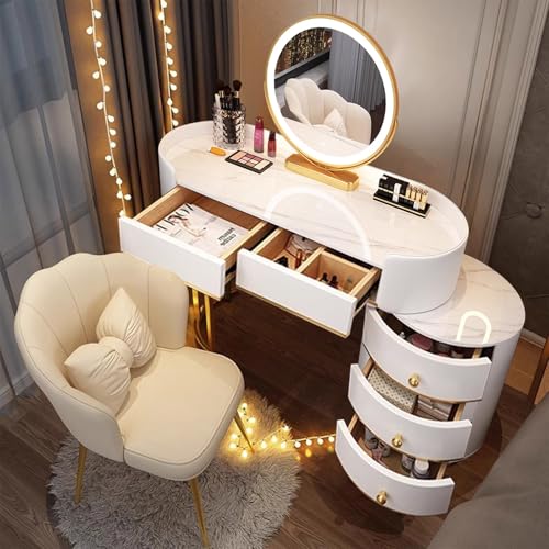 MiaJJooLi Schminktisch Granitplatte mit LED Beleuchtung Spiegel Und Stuhl, Frisiertisch Kosmetiktisch mit 5 Schubladen Massivholz,80cm/100cm Frisierkommode Weiß von MiaJJooLi