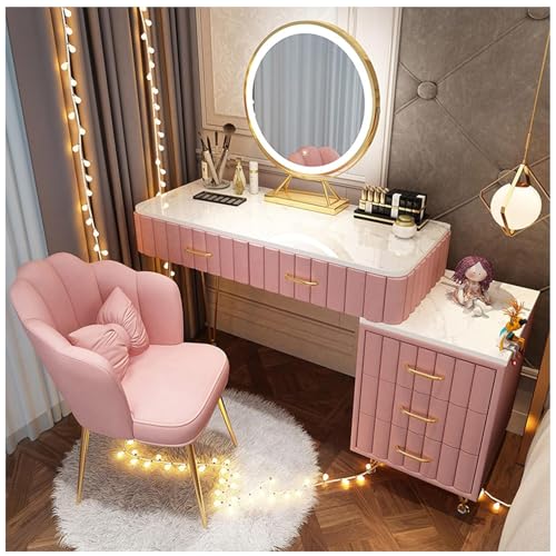 MiaJJooLi Schminktisch mit LED Kosmetikspiegel und Stühle, Schminkstuhl-Set,mit 5 Schubladen,Schlafzimmer Schminktisch Kommode mit Hocker, Aufbewahrung für Mädchen,Rosa von MiaJJooLi