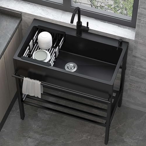 Schwarz Küchenspüle 80cm Einzelbecken Edelstahl Gewerbliche Spülbecken Ausgussbecken Mobile Waschtisch Mit Kalt und heiß Wasserleitung für Außen,Garten, Waschküche, Garage, Hinterhof von MiaJJooLi