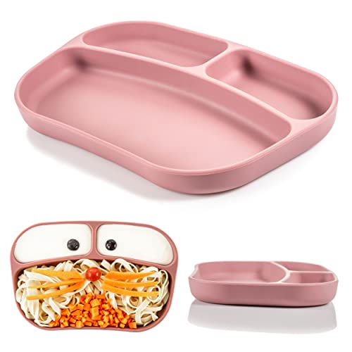 MiaMia Baby Silikon Teller mit Unterteilung - bruchsicherer Kinderteller mit Fächern/Stabiler Babyteller für Tisch und Hochstuhl, spülmaschinenfest - Altrosa von MiaMia