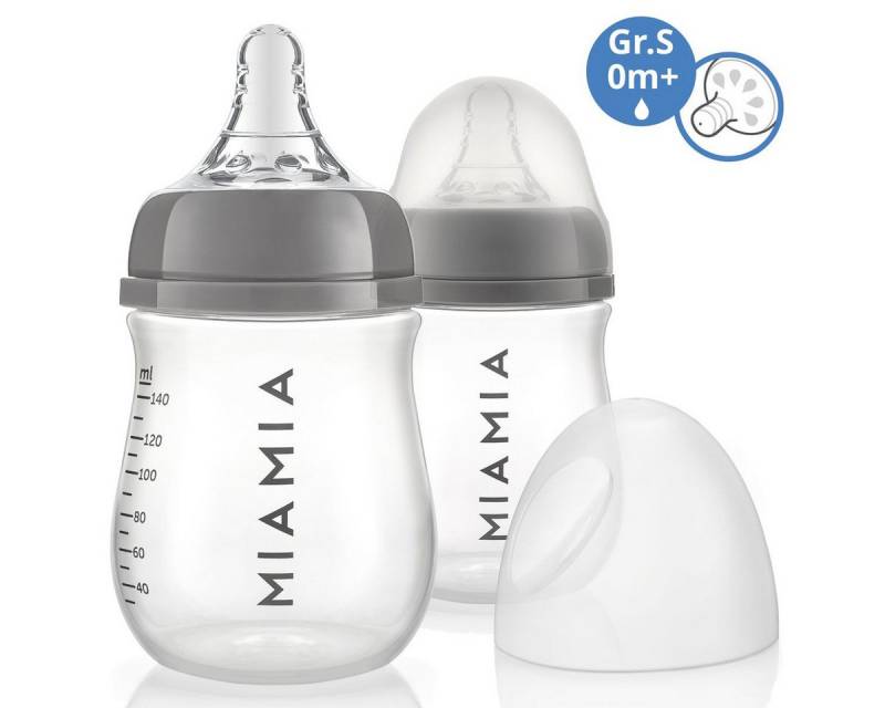 MiaMia Babyflasche PP-Flasche - Grau, 2er Pack Babyflasche 140 ml + Silikon-Trinksauger Größe S von MiaMia