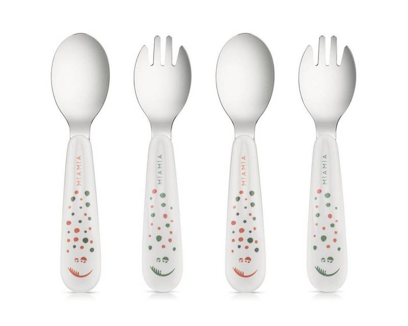 MiaMia Kinderbesteck Punkte - Weiß (4-tlg), 1 Personen, Edelstahl 18/10 / Kunststoff PP, Kinder & Baby Besteck Set 4 tlg. Babybesteck mit ergonomsichen Griffen von MiaMia