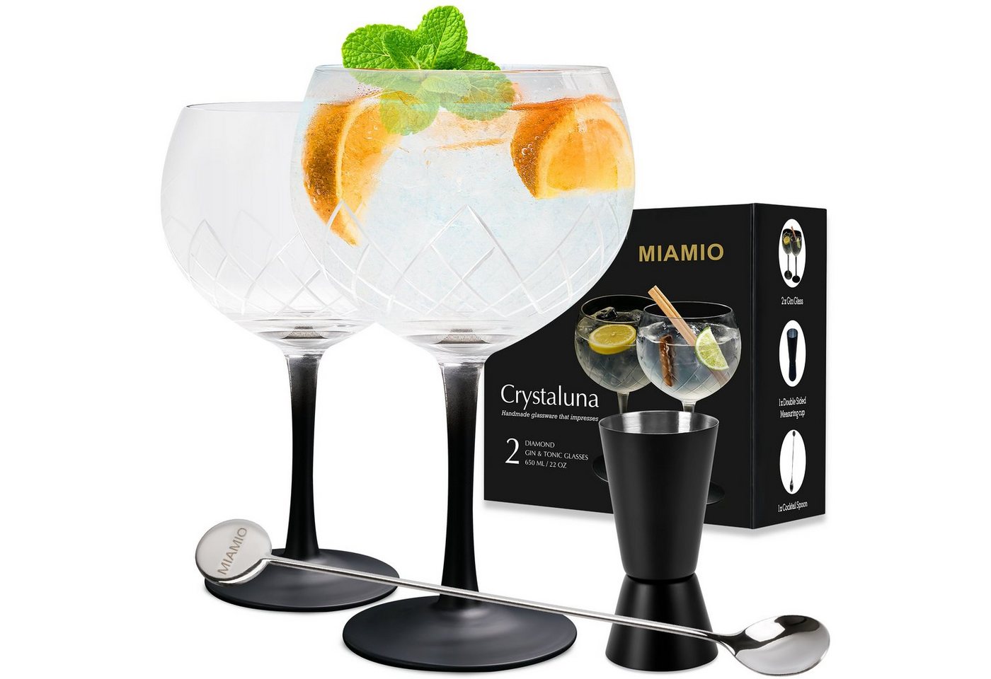 MiaMio Cocktailglas 2er Gin Gläser Set 2 x 650 ml inkl. Messbecher und Rührlöffel von MiaMio