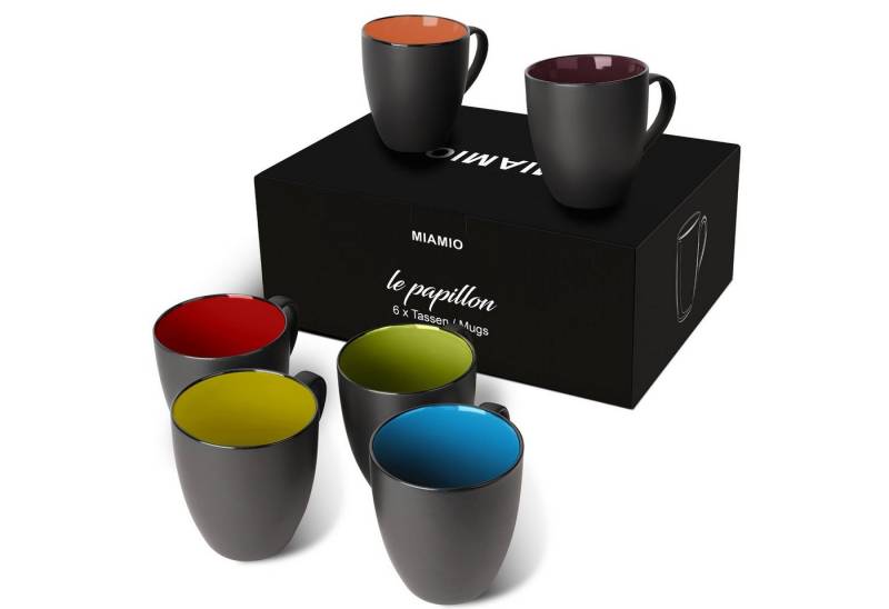 MiaMio Tasse MIAMIO - 6 x 350 ml Kaffeetassen Set Außen Schwarz Innen Farbig von MiaMio