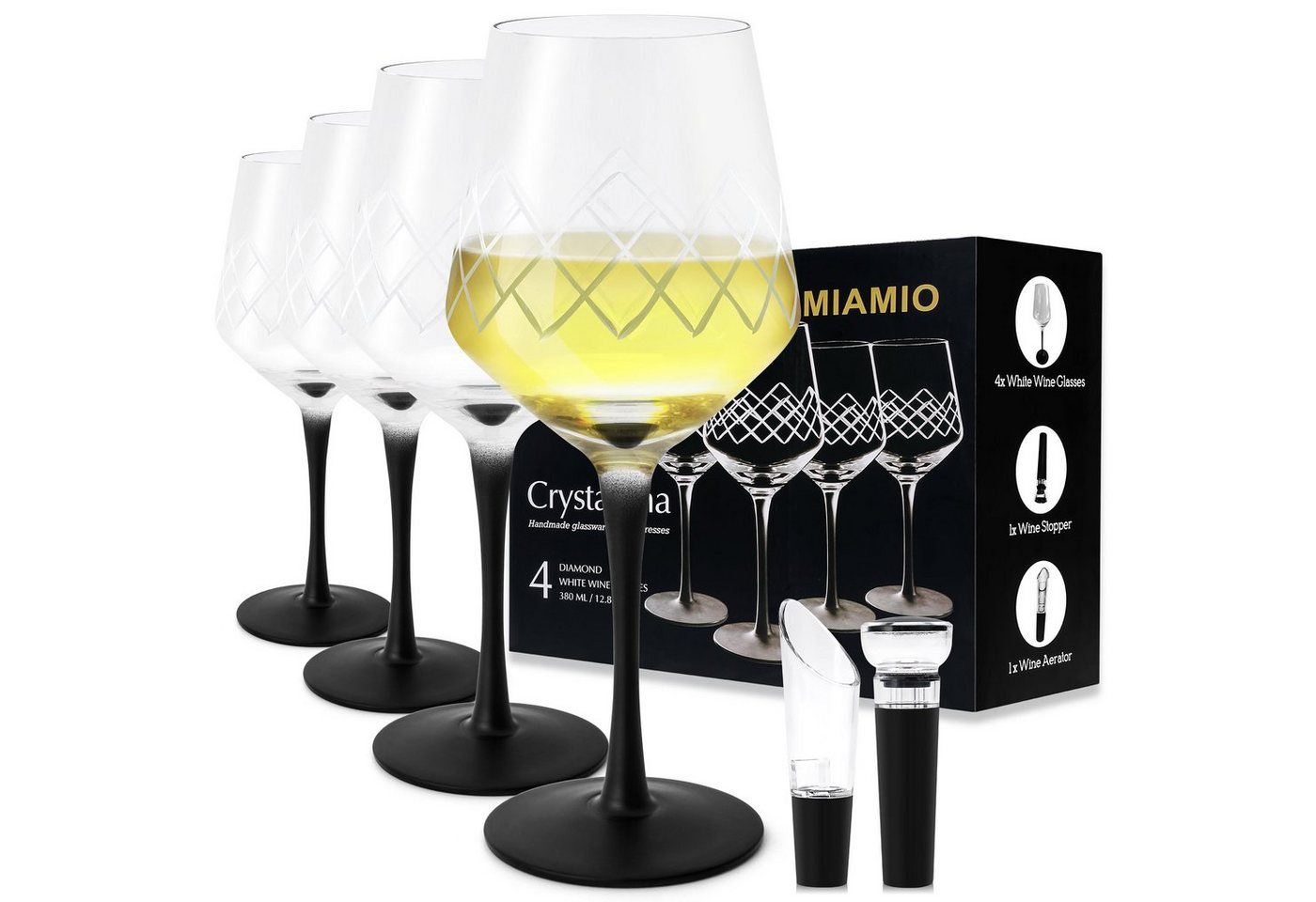 MiaMio Weißweinglas 4 x 380 ml Weißweingläser Set inkl. Weinstopper & Luftsprudler von MiaMio