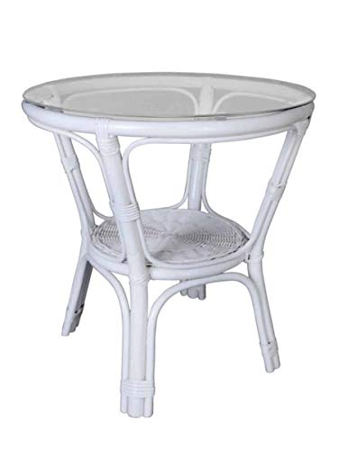 MiaMöbel Couchtisch 60x56x60 cm Landhausstil Glas Rattan Weiß von MiaMöbel
