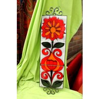 Fliese, Wandfliesen Abstraktes Blumenmotiv in Metallhalterung, Heibi Keramik, 70Er Jahre Wandbild, Keramikfliese, Wandtafel von MiabellaImPott