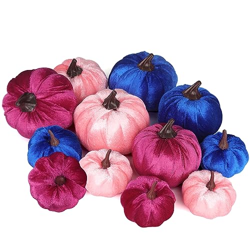 Miaikoe 12 Pcs Künstliche Kürbisse Verschiedene Größen Gefälschte Stoff Ernte Kürbis Set Rosa Lila Blau Schaum Kürbis für Herbst Herbst Thanksgiving Halloween Dekoration von Miaikoe