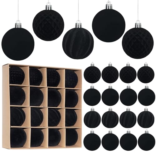 Miaikoe 16 Stück Samt Weihnachtskugeln hängende Ornamente Set, vorgebunden zerstörungsdicht Plastik Flocked Weihnachtskugeln Weihnachtsdekorationen Festival Feiertag Party Dekor (schwarz, 6CM) von Miaikoe