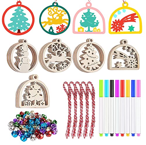 Miaikoe 50pcs Holz Hängende Ornamente für Weihnachtsbaum Dekorationen,5 Stile DIY Holz Scheiben mit Löchern für Kinder Handwerk Mittelstücke Weihnachten Neujahr Urlaub Hängende Dekorationen von Miaikoe