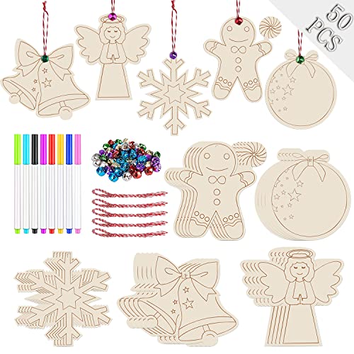 Miaikoe 50pcs Holz Weihnachten Hängende Ornamente Unfinished Holz Scheiben mit Löchern für Kinder DIY Handwerk Mittelstücke Feiertagsparty Neujahr Hängende Dekor Dekorationen von Miaikoe