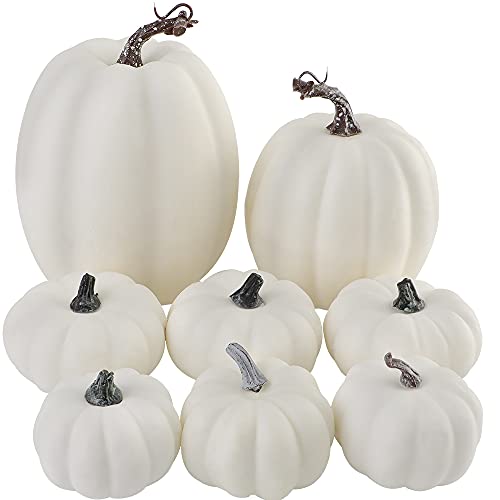 Miaikoe 8 Pcs Verschiedene Größen Ernten Weiße Künstliche Kürbisse für Herbst Herbst Halloween Thanksgiving Verzieren und Anzeigen von Miaikoe