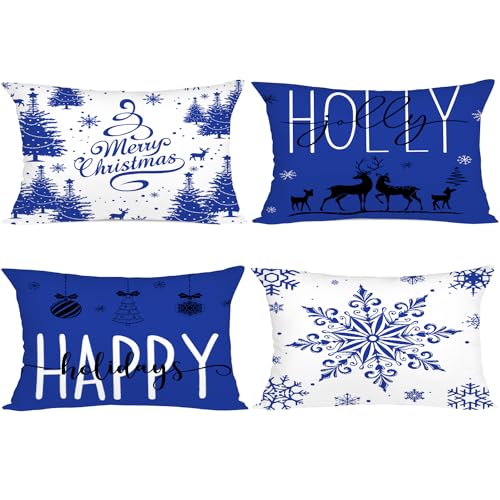 Miaikoe Blaue Weihnachten Kissenbezüge 30x50 Set von 4 Weihnachtsdekorationen Glückliche Feiertage Holly Jolly Schneeflocke Frohe Weihnachten Dekor Wurf Kissenbezug für Home Couch Sofa Deco von Miaikoe