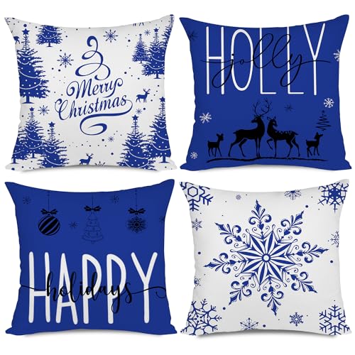 Miaikoe Blaue Weihnachten Kissenbezüge 40x40 Set von 4 Weihnachtsdekorationen Glückliche Feiertage Holly Jolly Schneeflocke Frohe Weihnachten Dekor Wurf Kissenbezug für Home Couch Sofa Deco von Miaikoe