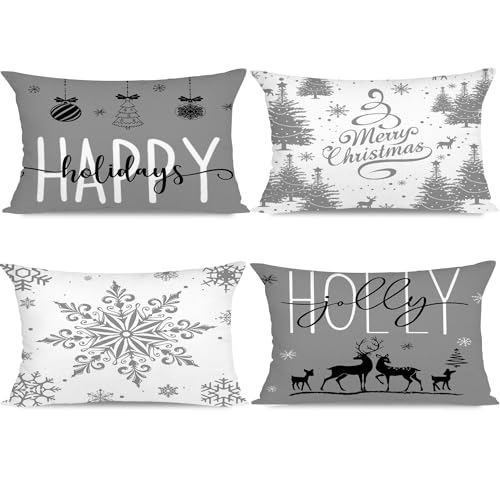 Miaikoe Grau Weihnachten Kissenbezüge 30x50 Set von 4 Weihnachtsdekorationen Glückliche Feiertage Holly Jolly Schneeflocke Frohe Weihnachten Dekor Wurf Kissenbezug für Home Couch Sofa Deco von Miaikoe