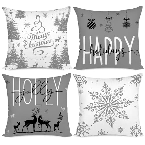 Miaikoe Grau Weihnachten Kissenbezüge 55x55 Set von 4 Weihnachtsdekorationen Glückliche Feiertage Holly Jolly Schneeflocke Frohe Weihnachten Dekor Wurf Kissenbezug für Home Couch Sofa Deco von Miaikoe