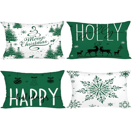 Miaikoe Grüne Weihnachten Kissenbezüge 30x50 Set von 4 Weihnachtsdekorationen Glückliche Feiertage Holly Jolly Schneeflocke Frohe Weihnachten Dekor Wurf Kissenbezug für Home Couch Sofa Deco von Miaikoe