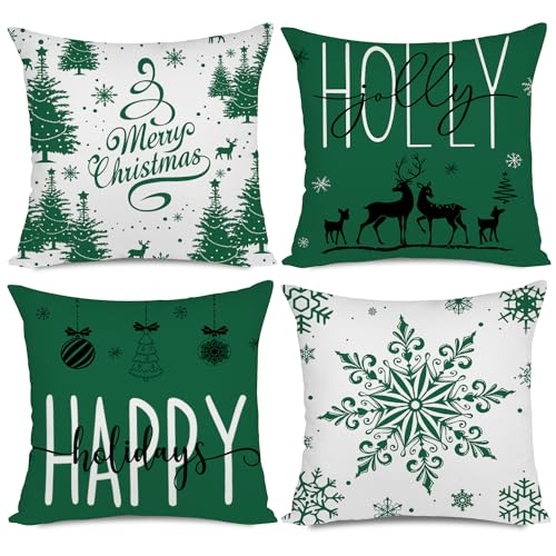 Miaikoe Grüne Weihnachten Kissenbezüge 50x50 Set von 4 Weihnachtsdekorationen Glückliche Feiertage Holly Jolly Schneeflocke Frohe Weihnachten Dekor Wurf Kissenbezug für Home Couch Sofa Deco von Miaikoe
