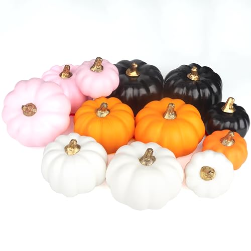 Miaikoe Künstliche Kürbisse 12Pcs Verschiedene Größen und Farben Bulk Ernte Lebensechte Kürbis gefälschte Schaum Kürbisse Set für Herbst Herbst Halloween Party Thanksgiving Urlaub Dekor Anzeige von Miaikoe