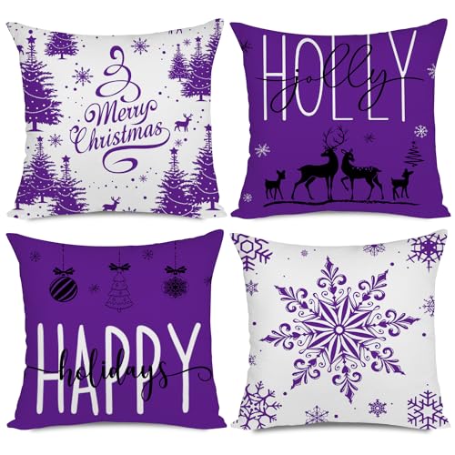 Miaikoe Lila Weihnachten Kissenbezüge 40x40 Set von 4 Weihnachtsdekorationen Glückliche Feiertage Holly Jolly Schneeflocke Frohe Weihnachten Dekor Wurf Kissenbezug für Home Couch Sofa Deco von Miaikoe