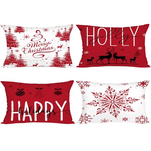 Miaikoe Red Christmas Kissenbezüge 30x50 Set von 4 Weihnachtsdekorationen Glückliche Feiertage Holly Jolly Schneeflocke Frohe Weihnachten Dekor Wurf Kissenbezug für Home Couch Sofa Deco von Miaikoe