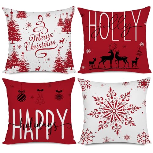 Miaikoe Red Christmas Kissenbezüge 40x40 Set von 4 Weihnachtsdekorationen Glückliche Feiertage Holly Jolly Schneeflocke Frohe Weihnachten Dekor Wurf Kissenbezug für Home Couch Sofa Deco von Miaikoe