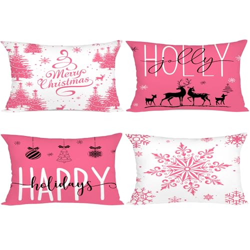 Miaikoe Rosa Weihnachten Kissenbezüge 30x50 Set von 4 Weihnachtsdekorationen Glückliche Feiertage Holly Jolly Schneeflocke Frohe Weihnachten Dekor Wurf Kissenbezug für Home Couch Sofa Deco von Miaikoe