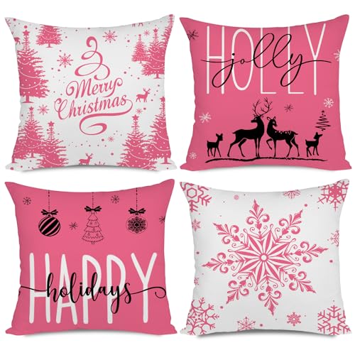 Miaikoe Rosa Weihnachten Kissenbezüge 40x40 Set von 4 Weihnachtsdekorationen Glückliche Feiertage Holly Jolly Schneeflocke Frohe Weihnachten Dekor Wurf Kissenbezug für Home Couch Sofa Deco von Miaikoe