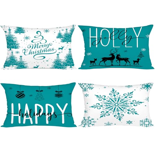 Miaikoe Teal Weihnachtskissenbezüge 30x50 Set von 4 Weihnachtsdekorationen Glückliche Feiertage Holly Jolly Schneeflocke Frohe Weihnachten Dekor Wurf Kissenbezug für Home Couch Sofa Deco von Miaikoe