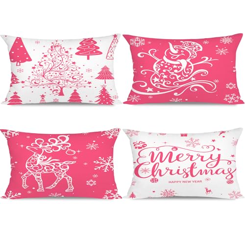 Miaikoe Weihnachtskissenbezüge 30x50 Set von 4 Weihnachtsdekoration Bäume Hirsch Schneemann Frohe Weihnachten Dekorative Urlaub Bauernhaus Kissenbezüge für Urlaub Weihnachtsdekoration (Rosa) von Miaikoe