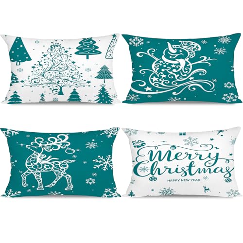 Miaikoe Weihnachtskissenbezüge 30x50 Set von 4 Weihnachtsdekoration Bäume Hirsch Schneemann Frohe Weihnachten Dekorative Urlaub Bauernhaus Kissenbezüge für Urlaub Weihnachtsdekoration (Teal) von Miaikoe