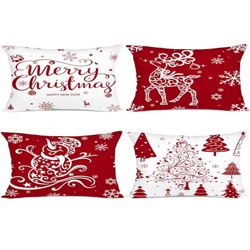 Miaikoe Weihnachtskissenbezüge 30x50 Set von 4 Weihnachtsdekoration Bäume Hirsch Schneemann Frohe Weihnachten Dekorative Urlaub Bauernhaus Kissenbezüge für Urlaub Weihnachtsdekoration (rot) von Miaikoe