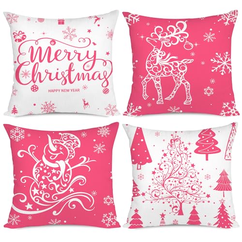 Miaikoe Weihnachtskissenbezüge 40x40 Set von 4 Weihnachtsdekoration Bäume Hirsch Schneemann Frohe Weihnachten Dekorative Urlaub Bauernhaus Kissenbezüge für Urlaub Weihnachtsdekoration (Rosa) von Miaikoe