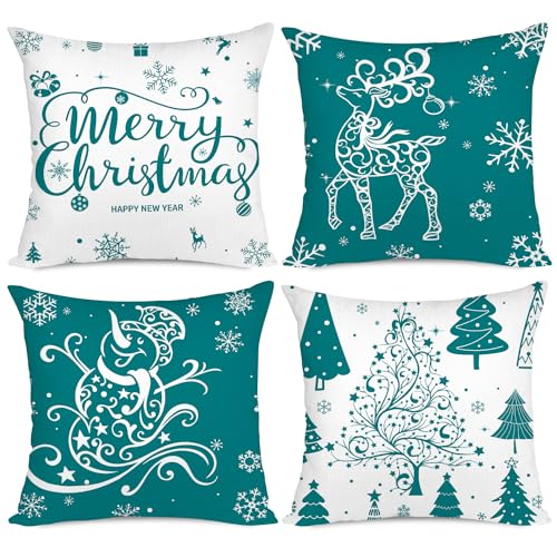 Miaikoe Weihnachtskissenbezüge 40x40 Set von 4 Weihnachtsdekoration Bäume Hirsch Schneemann Frohe Weihnachten Dekorative Urlaub Bauernhaus Kissenbezüge für Urlaub Weihnachtsdekoration (Teal) von Miaikoe