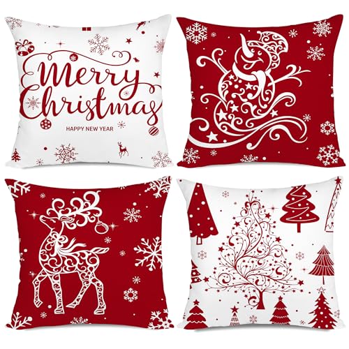 Miaikoe Weihnachtskissenbezüge 40x40 Set von 4 Weihnachtsdekoration Bäume Hirsch Schneemann Frohe Weihnachten Dekorative Urlaub Bauernhaus Kissenbezüge für Urlaub Weihnachtsdekoration (rot) von Miaikoe